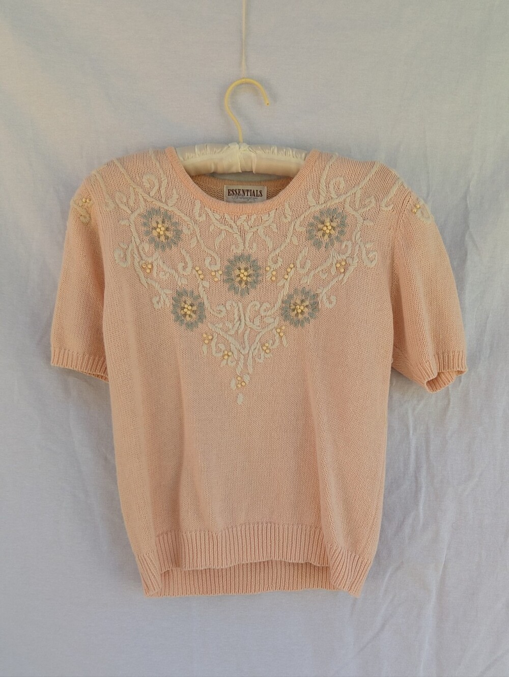 Essentials Vintage Dusty Pink Beaded Floral Knit Top